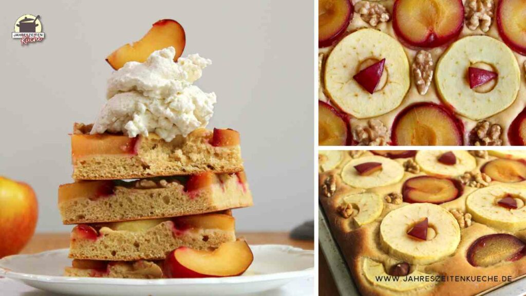 Eine Collage aus Bildern, auf denen Apfel-Pflaumen-Kuchen zu sehen ist.