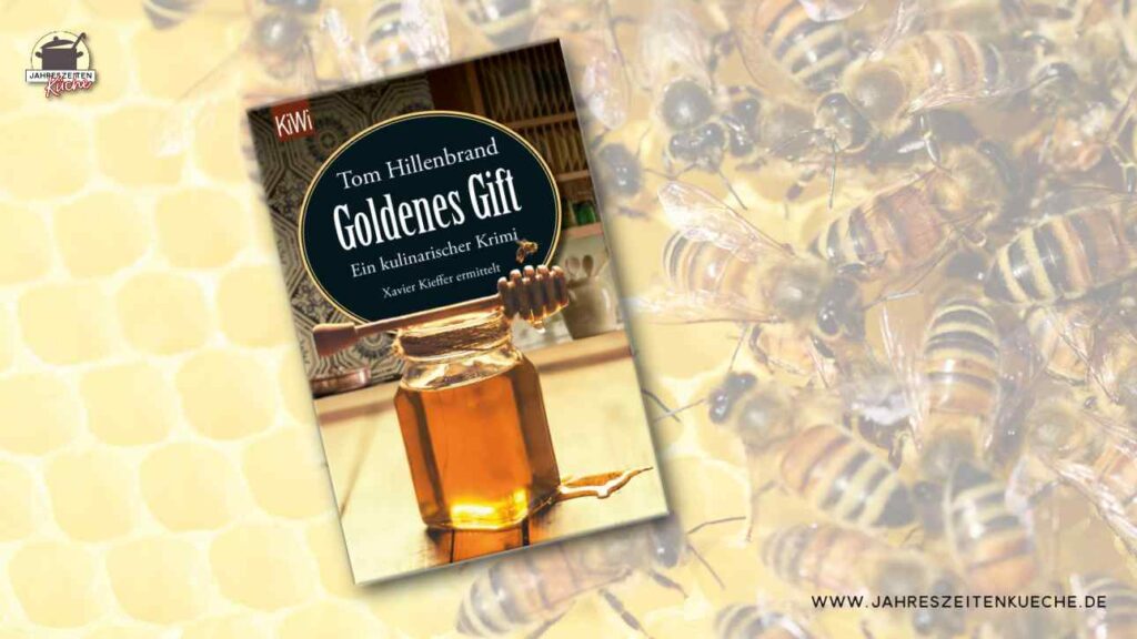 Das Buch Goldenes Gift liegt auf einer Bienenwabe