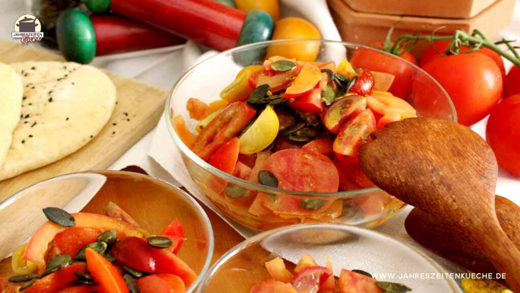 In einer Schüssel ist Tomatensalat mit Senfdressing und Kürbiskernen