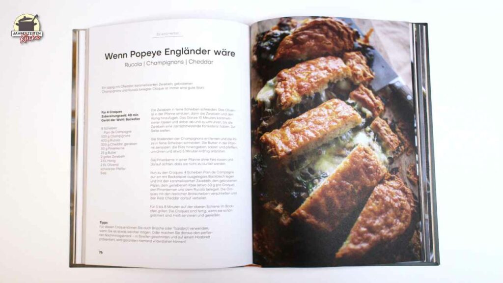 Das Rezept für Wenn Popeye Englänger gewesen wäre und ein ganzseitiges Foto von einem Toast mit Rucola, Champignons und Cheddar