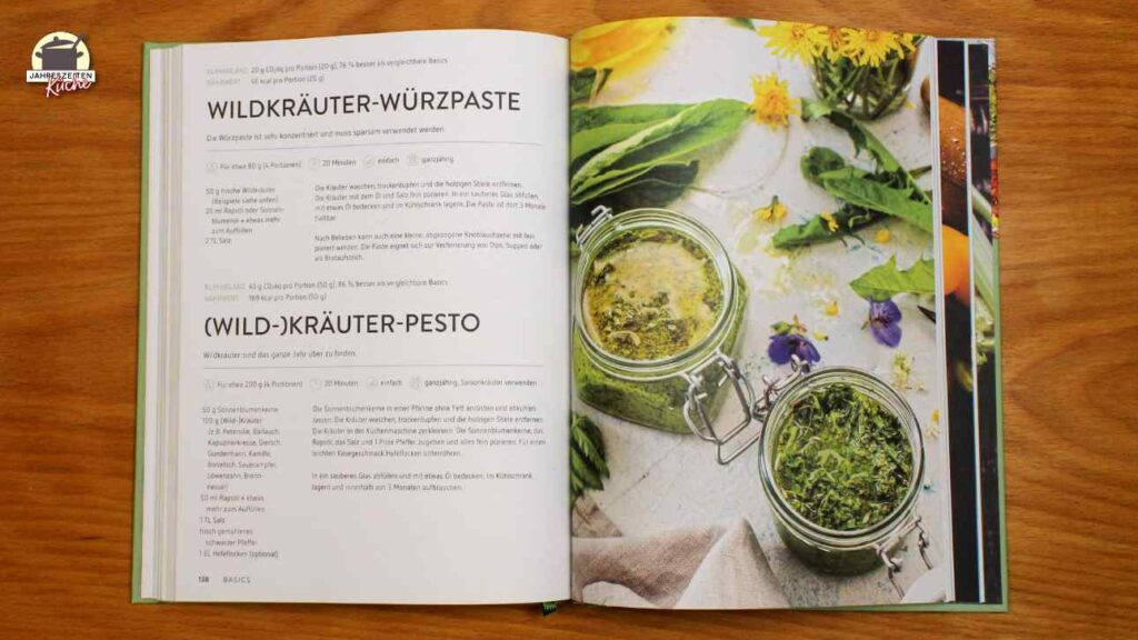 Doppelseite aus Cooking for Future. Auf der linken Seite stehen zwei Rezepte für Wildkräuter-Pesto und auf der rechten Seite ist ein Bild davon zu sehen.