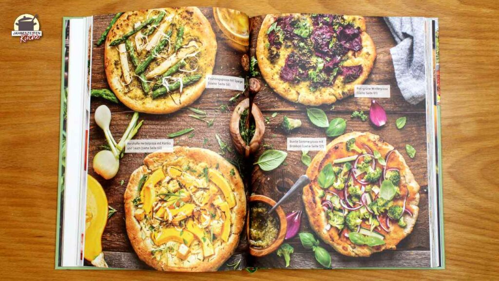 Doppelseite aus Cooking for Future mit Fotos von 4 veganen Pizzas.