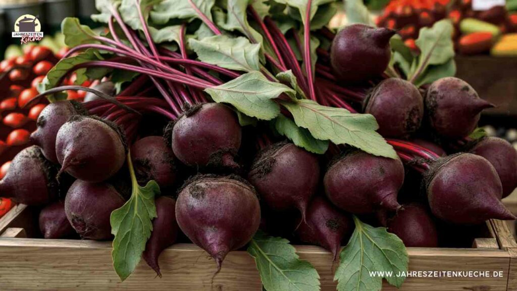 Rote Bete in einer Holzkiste auf einem Marktstand