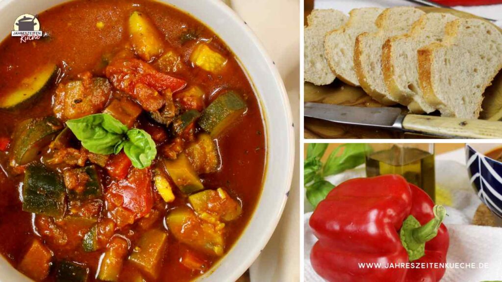Eine dreigeteiltes Bild: Im großen Bild ist eine Portion französiche Ratatouille zu sehen. Die beiden kleinen Bilder zeigen Baguettescheiben und eine rote Paprikaschote
